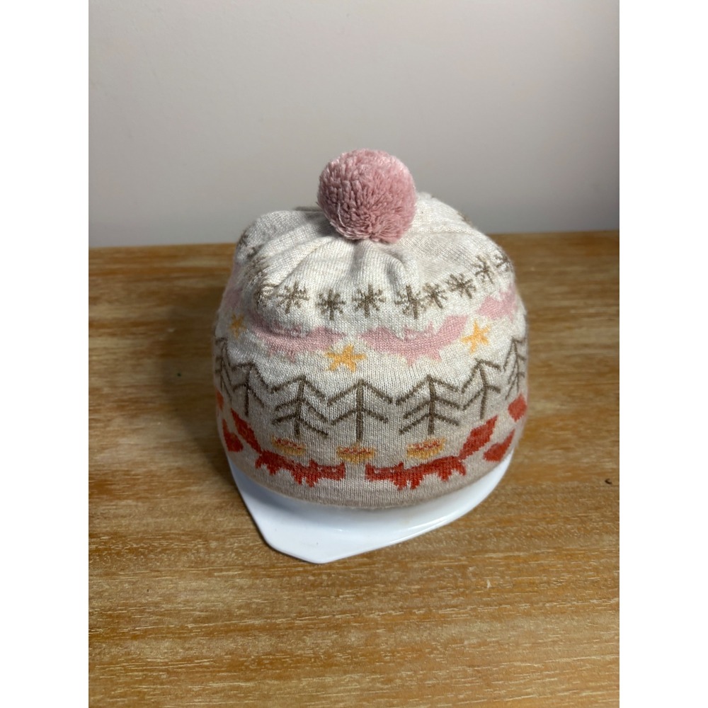 Kids Pigtails Fair Isle Knit Beanie Hat withβ Pom Pink Cream Brown Trees Foxes